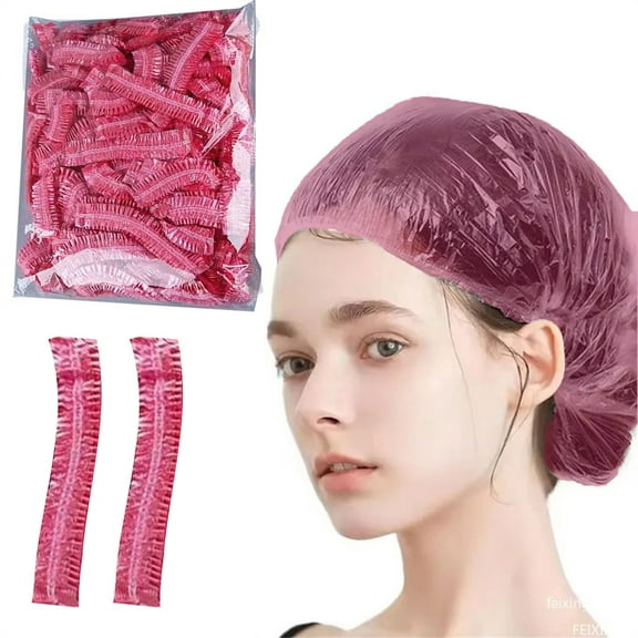 100 Pack Rose Red Clear Plastic Disposable Shower Caps for Women Men, 15.35 Inches Caps for Hair Treatment, Travel Spa Hotel Home Use Salon, Multi-Purpose Elastic Plastic Shower Caps
