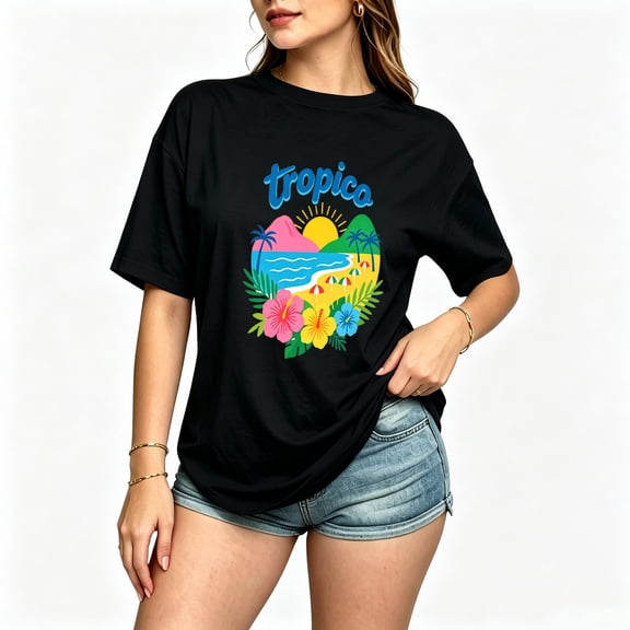 Womens Graphic Tees Short Sleeve T Shirts | Cotton Loose Casual Tops for Teen Girls, Vintage Tropica Tropical Flower Ocean Graphic T-shirts