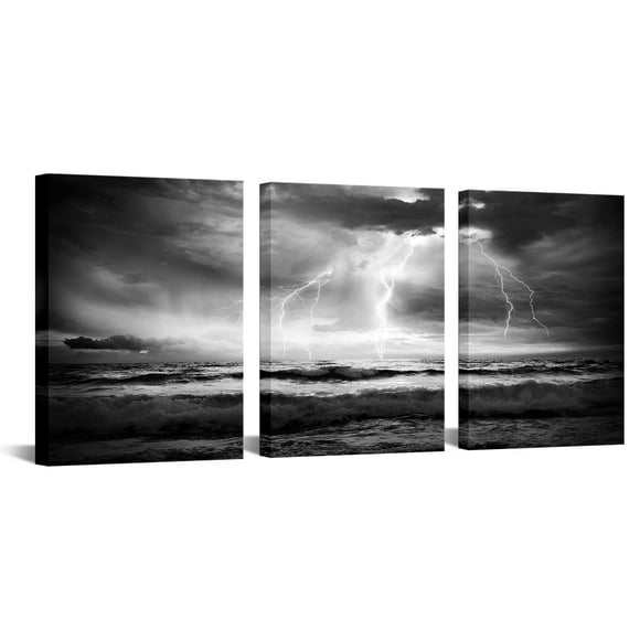 Artmyharbor 3 Piece Thunderstorm Canvas Print Black White Ocean Lightning Wall Art Nautical Pictures Painting Nature Artwork Home Office Bathroom Bedroom Decor