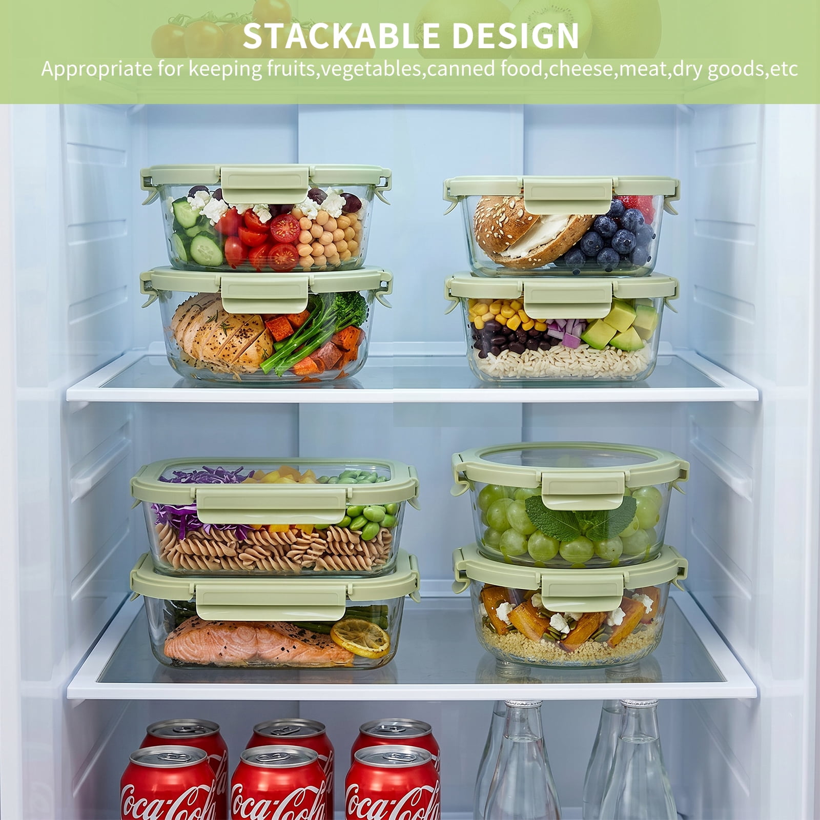 36 Pcs Glass Food Storage Containers with Tempered Lids Set, Borosilicate Oven-Safe(-4°F~950°F), Airtight Meal Prep Lunch Box Containers (18 Containers & 18 Lids), Green