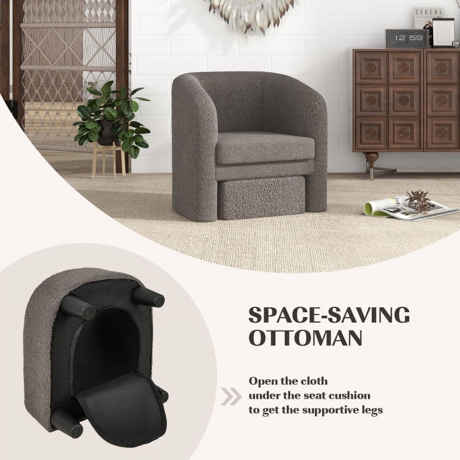 Finihen Accent Chair, Modern Upholstered Accent Chair, Modern Upholstered Barrel Teddy Velvet Chair with Ottoman, for Living Room, Bedroom, Gray Finihen Accent Chair, Modern Upholstered Accent Chair, Modern Upholstered Barrel Teddy Velvet Chair with Ottoman, for Living Room, Bedroom, Gray