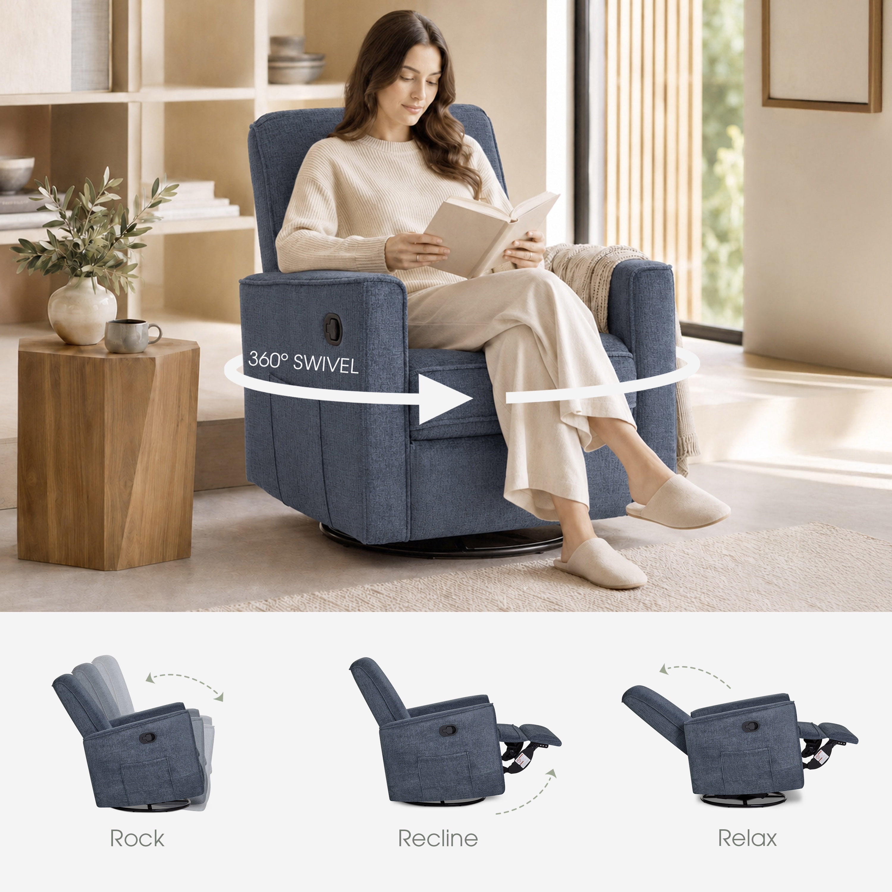 Evolur Raleigh Basic Glider |Recliner| Rocker, Blue Fog