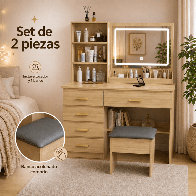 Zocalo Tocador con Espejo LED y Banco, Set de 2 Piezas, Tocador de Maquillaje con 5 Cajones y Estantes de Almacenamiento, Espejo con Luz Ajustable de 3 Tonos, Madera clara