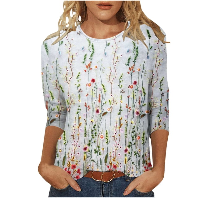 IROINNID en Solde T-shirt à Manches Longues en Polyester pour Femmes T-shirt Imprimé Confortable Blouse Mi-Longue Col Rond Hauts, Gris