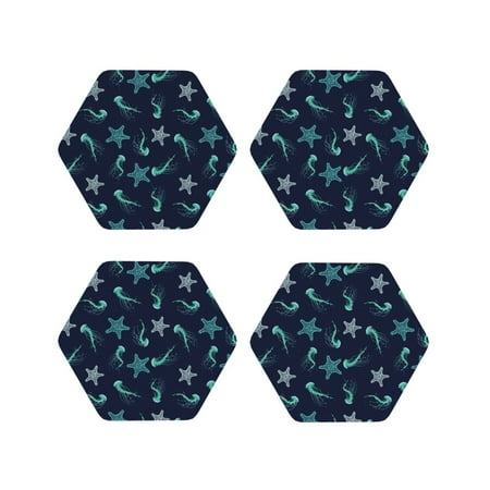 

KLL Drink Coasters Set Hexagon of 4 PU Leather Absorbent Coasters Set Decorative Coffee Cup Coasters Housewarming Gift for Home Decor-Ice Blue Starfish and Jellyfish