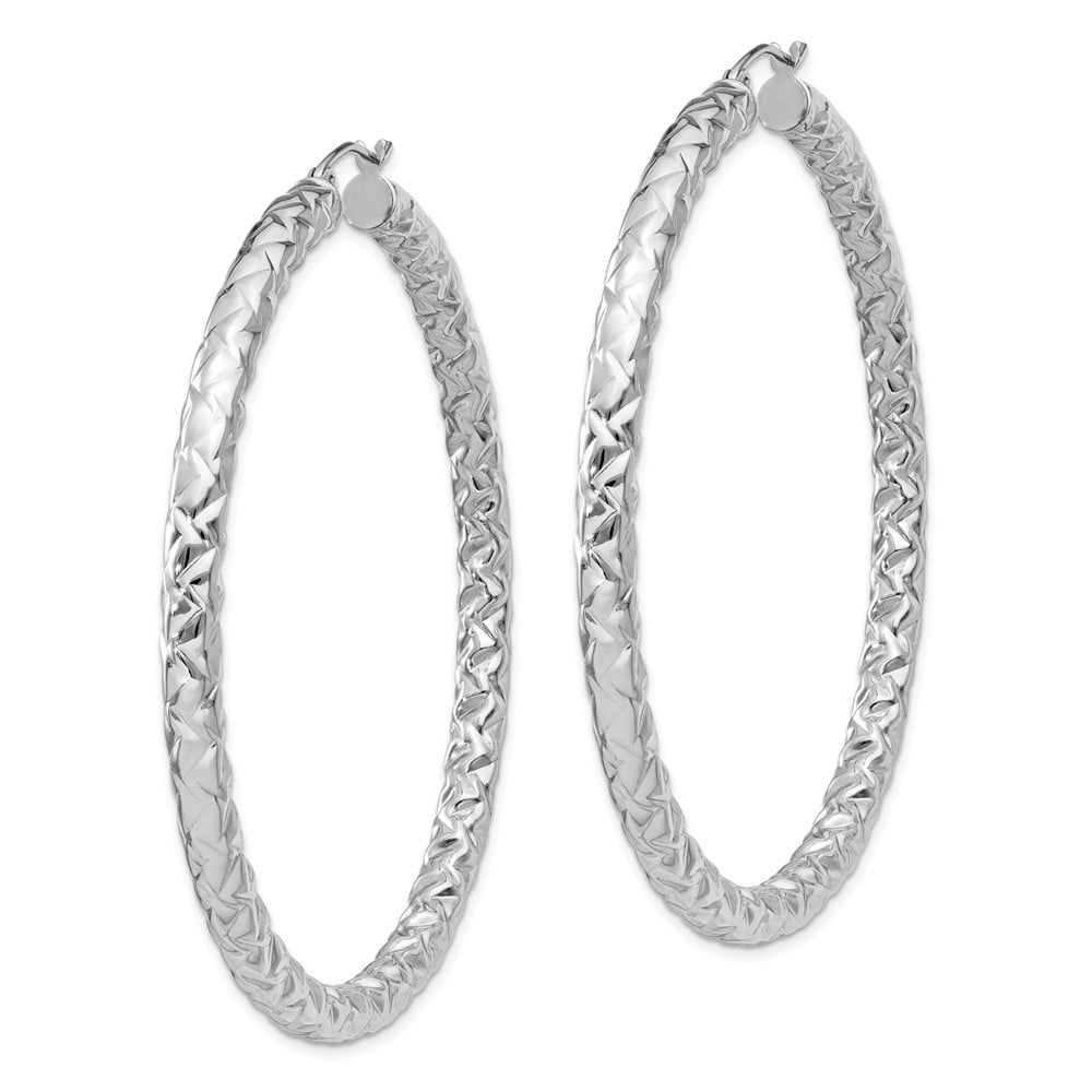 925 Sterling Silver Hollow Polished Rhodium Plated Textured Hinged Hoop Earrings Measures 53x50mm Wide 4mm Thick Jewelry Gifts for Women