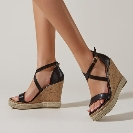 

Floenr Womens Sandals Flip Flops for Women Women s Shoes Casual Imitation Wood Straw Wedges Super High Heel Roman Style Ankle Straps Sandals