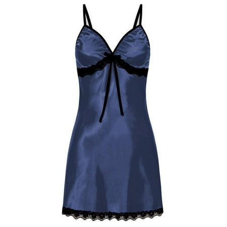 

BrilliantMe Women Lace Silk Satin Night Dress Nighties V-neck Nightgown Plus Size Sleepwear Blue L