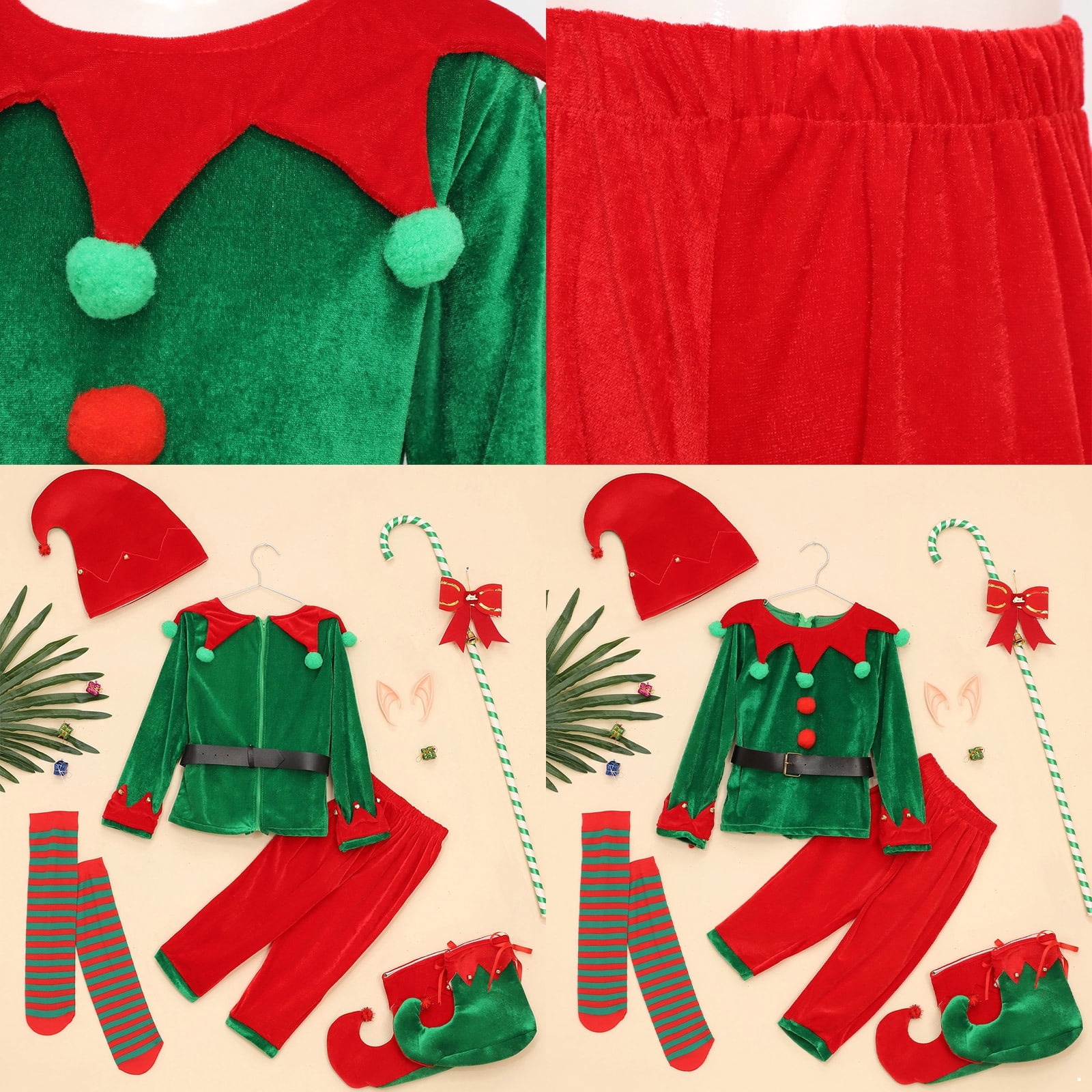 renvena Boys 7-Piece Christmas Elves Outfit Set Christmas Party Role Play Dress Up Set Green 13-14
