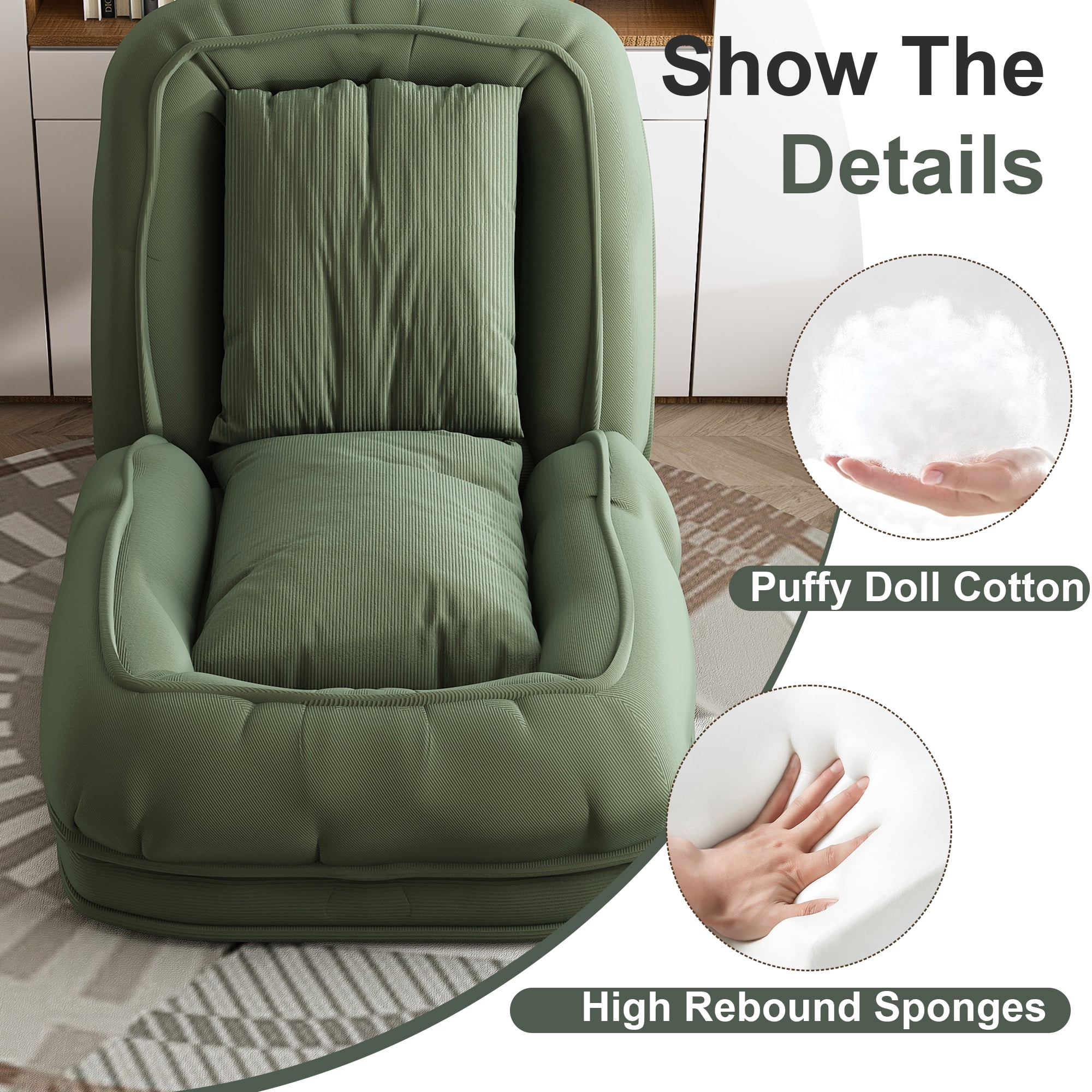 Upholstered Human Dog Bed for Adults & Pets, 5-Position Adjustable Foldable Lazy Sofa Bed with 2 Pillows, Corduroy Floor Recliner for Bedroom Living Room Reading Corner