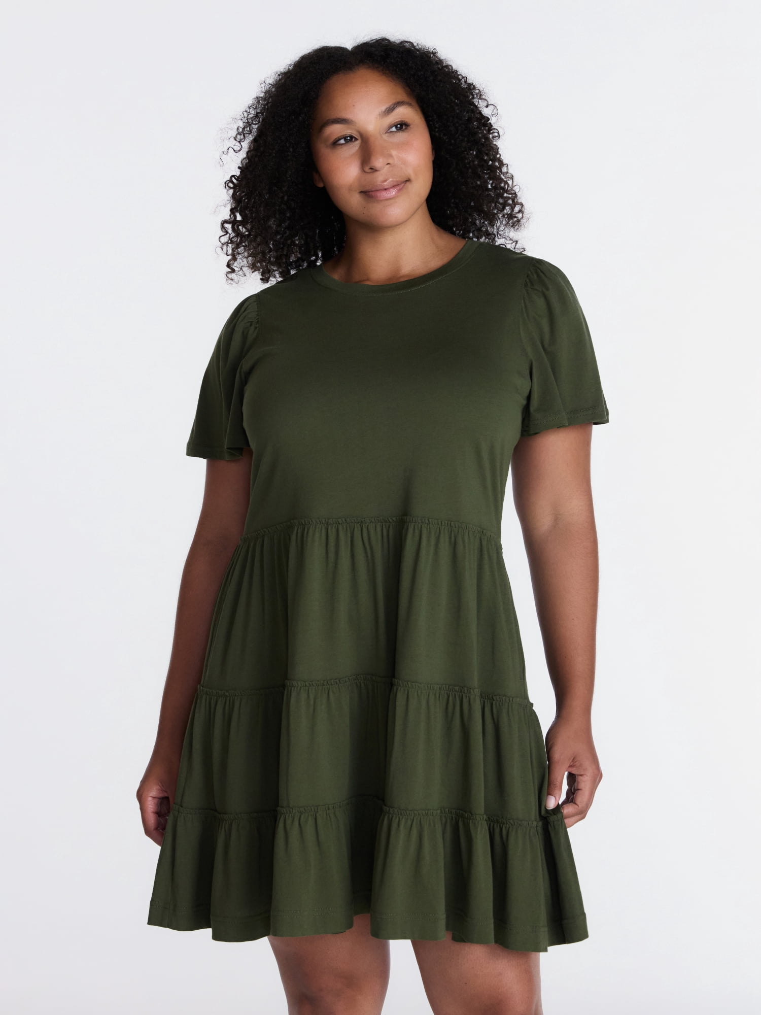 Time and Tru Women's and Women’s Plus Cotton Swing Dress with Short Sleeves, Sizes XS-4X