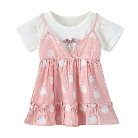 

GWAABD Little Girl Dresses Pink Cotton Blend Toddler Baby Kids Girls Ruched Patchwork Strap Dress Princess Dresses Clothes 80/M