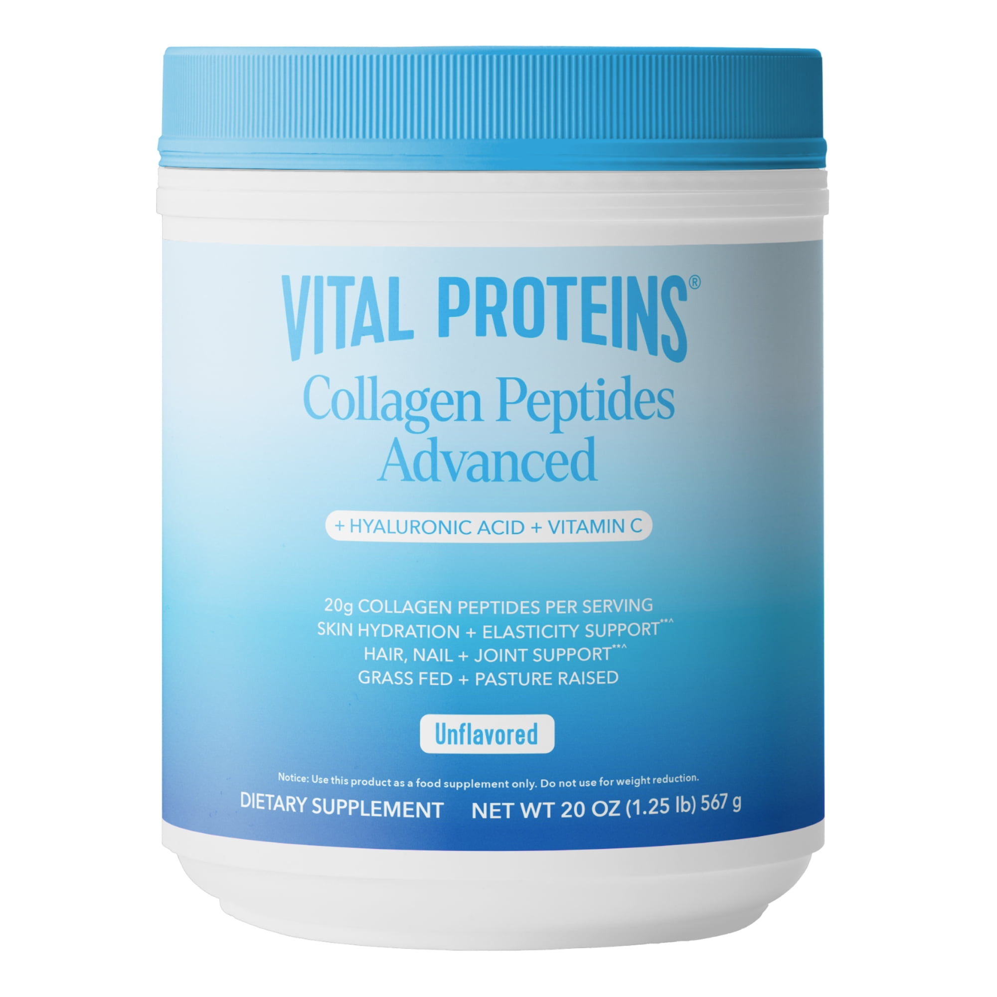 Vital Proteins Grass Fed Collagen Peptides Powder Advanced Supplement with Hyaluronic Acid + Vitamin C, Unflavored Collagen Support, 20 oz