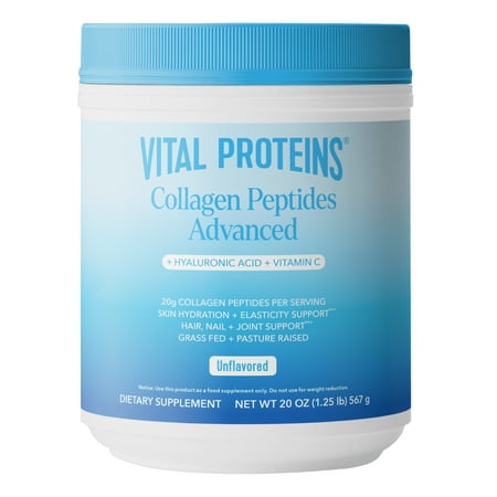 Vital Proteins Collagen Peptides Powder with Vital Proteins Grass Fed Collagen Peptides Advanced Powder Supplement, with Hyaluronic Acid + Vitamin C, Unflavored, 20 oz