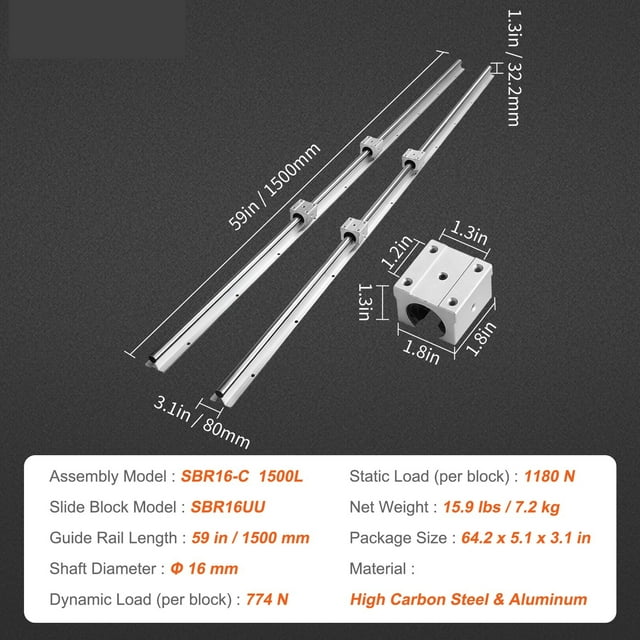 2PCS Linear Guide Rails SBR12 SBR16 SBR20 SBR25 800-2200mm & 4PCS UU Bearing Blocks Smooth Motion For DIY Mills CNC Parts ,Long Lasting