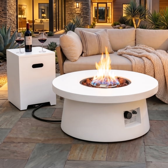 30" Outdoor Propane Fire Pit Table with Tank Table, 50000 BTU Round Iron Gas Fire Pit for Patio, Backyard, Garden & Pool, White