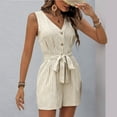 thumbnail image 4 of Mqqzkk Women's V Neck Jumpsuits Shorts Front Tie Belted Button Up Romper Sleeveless Short Jumpsuit Outfit 2025 Beach Vacation Clothes Khaki L, 4 of 6