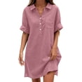 thumbnail image 2 of QUNYINEY Faux Cotton Linen Women Summer Dresses 2026 Short Sleeve Pink Midi A Line Dress Casual with Pockets Button Loose Fit Collared Dresses, 2 of 6
