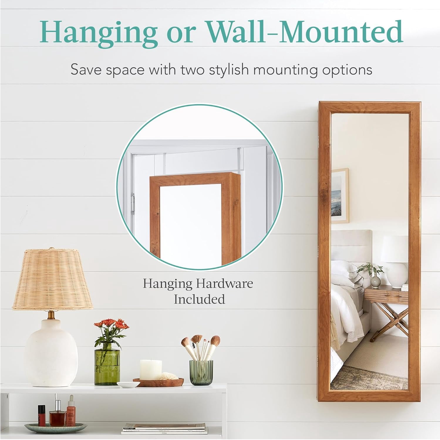 WBTER LED Mirror Jewelry Cabinet, Tall Lockable Wall or Door Mounted Jewelry Armoire Organizer with Mirror, 2 Drawers, Lock, Cosmetic Tray, Shelves - Rustic Brown