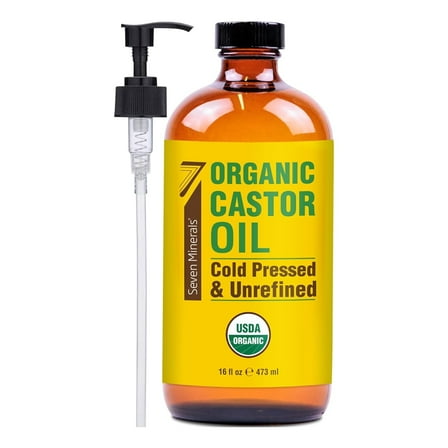 Seven Minerals 16 fl oz Organic Castor Oil - Cold Pressed, Unrefined, 100% Pure USDA Organic, Hexane Free - Glass Bottle