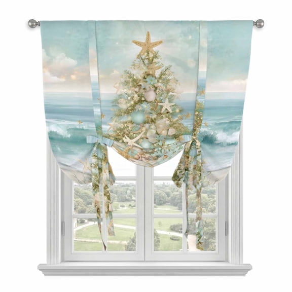 Coastal Beach Tie Up Curtains for Windows, Adjustable Balloon Window Shades, Summer Ocean Wave Starfish Coral Trees Kitchen Window Treatments Adjustable Roll Up Curtain for Basement/Nursery 52"x45"