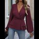 thumbnail image 5 of Camisa Elegante de Larga con Cuello en V, Doble Botonadura y Volantes en Color Liso para Mujer Vino Tinto M, 5 of 10