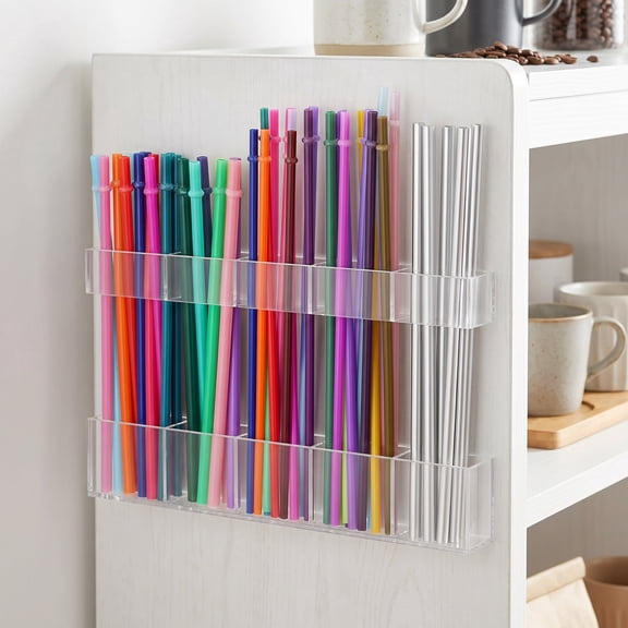 9.5 Inch Large Acrylic Straw Holder, Ultra Sticky Cabinet Door Mounted Straw Organizer, Reusable Transparent Tumbler Straw Storage Container, Small Kitchen Accessories for Home Kitchen Organization