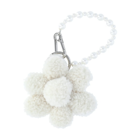 No Boundaries Women's Handbag Charm, Tan Faux Shearling Puffer Flower with Faux Pearls