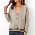 thumbnail image 5 of PBFRDSJ Women's Knit Cardigan Sweaters Contrast Striped V Neck Colorful Button Open Front Sweater Long Sleeve Knit Outerwear with Pockets Free Sizes, 5 of 6