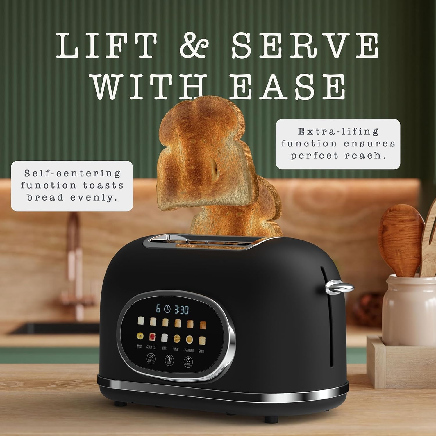 Rae Dunn Toaster, Digital Retro Stainless Steel with 6 Shade Settings, Black