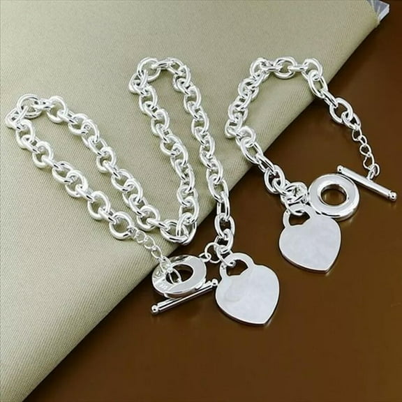 GKNET 925 Silver Heart Pendant Toggle Chain Necklace Bracelet Sets for Women Jewelry