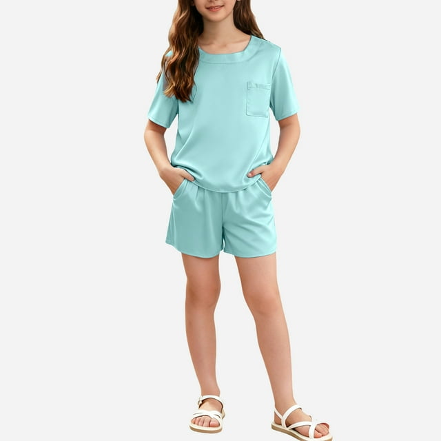 RKSTN Pyjama Fille Satin Col Rond Manches Courtes Haut de Pyjama avec Short Été Ensemble Deux Pièces (Vert, 9-10 Ans) Unisexe
