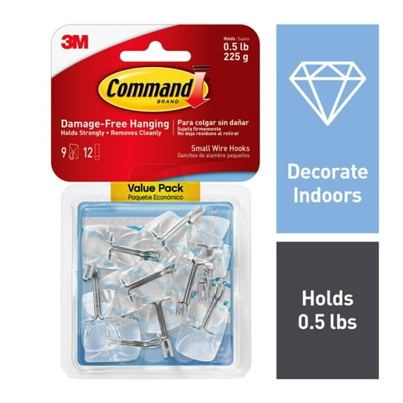 Command Small Wire Toggle Hooks, Clear, Damage Free Decorating, 9 Hooks