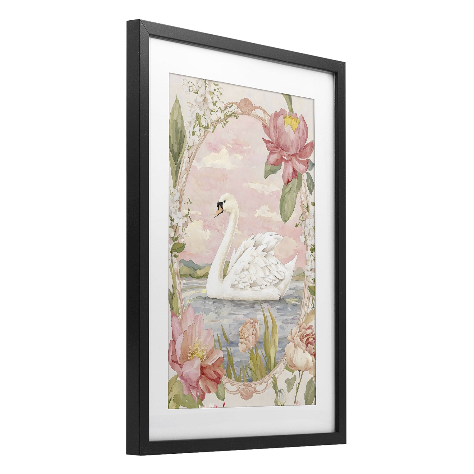 Stupell Industries Floral Border Swan in Bloom Black Framed Print Under Glass, design by Creative Studio
