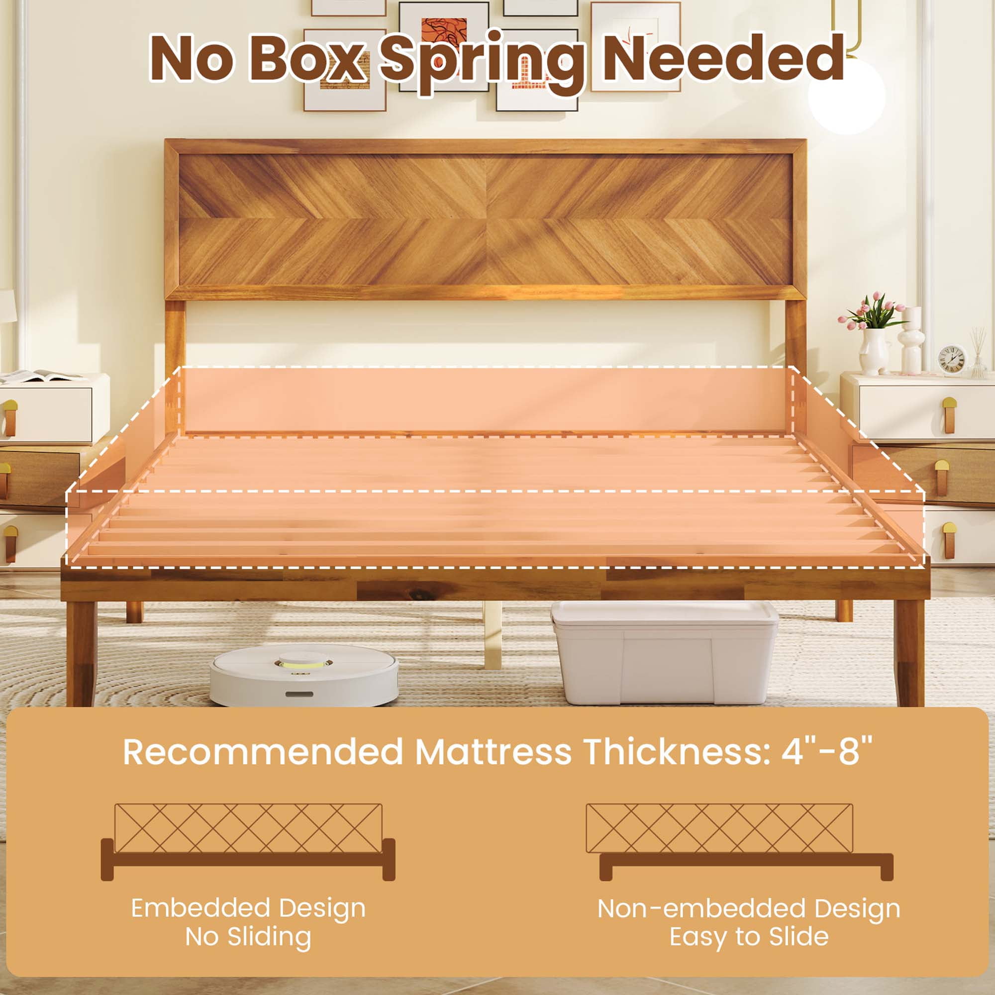 Gymax Queen Size Bed Frame w/Headboard Wooden Slats Support 9'' Under-bed Storage Space