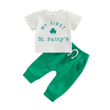 

My First St.Patty s Day Baby Boy Summer Clothes Pants Set Letter Print Short Sleeve T-Shirt Top Jogger Pants Outfit 2Pcs