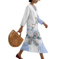 thumbnail image 3 of COEQINE Smock Dress for Women 3/4 Sleeve Calf Length Midi Modest Dress, Comfortable Polyester Linen Oriental Boho Beach Cover Up for Wedding Party Wear, Size XL, Light Blue Ink White Plum Blossom, 3 of 6