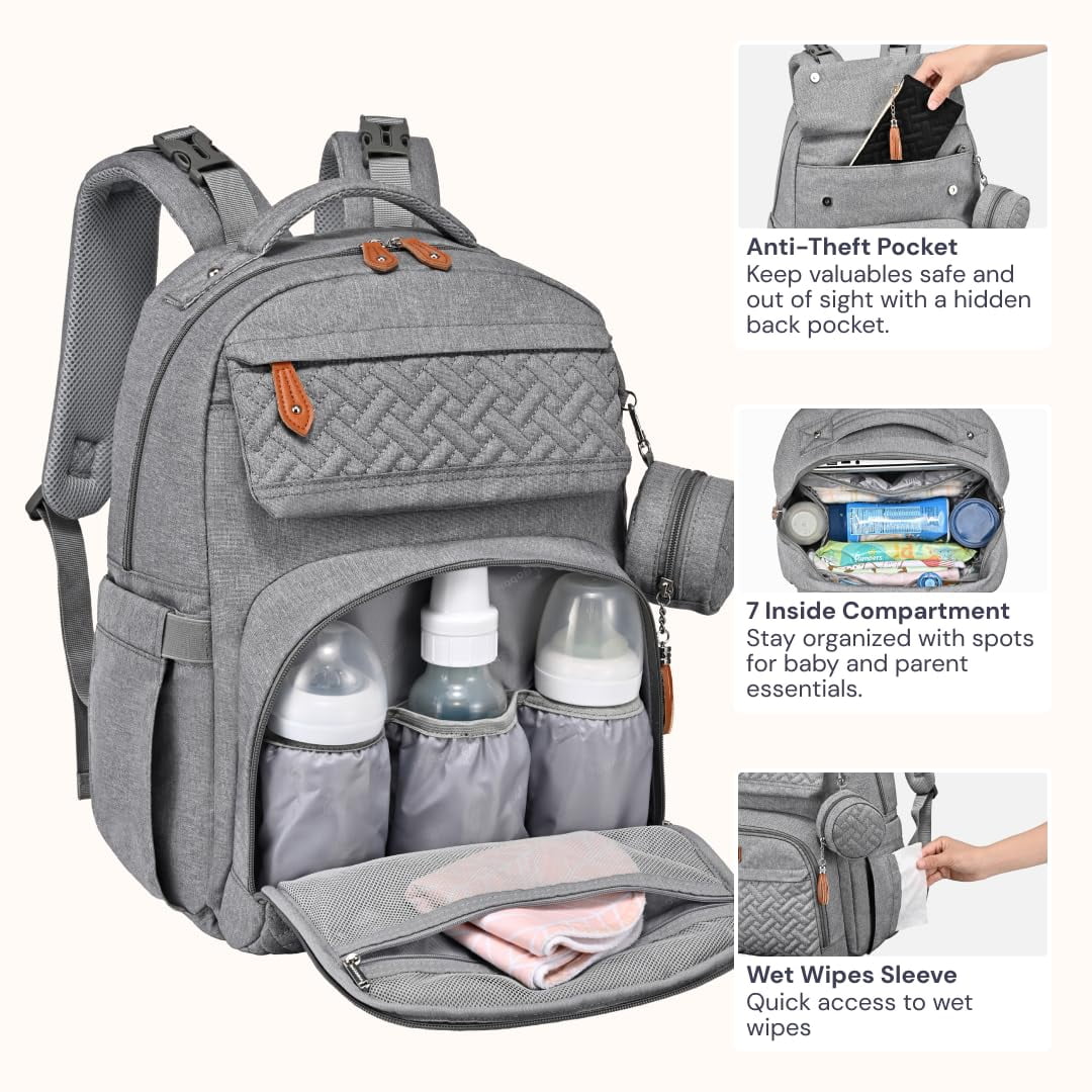 BabbleRoo Diaper Bag Backpack, Travel Backpack, Pacifier Case & Stroller Straps, Multifunction, Waterproof, Unisex – Light Gray