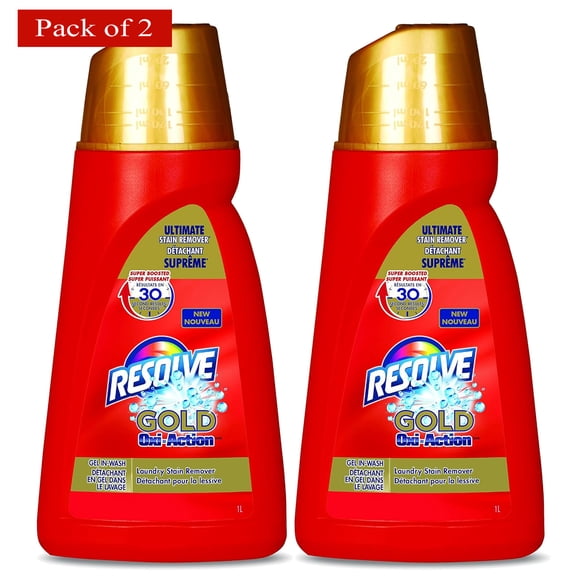 Resolve Gel pour Lavage à l'Eau à Action Oxi‐Gold – Détachant à Lessive Ultime, Sécuritaire pour Toutes les Couleurs, 1 L (Lot de 2)