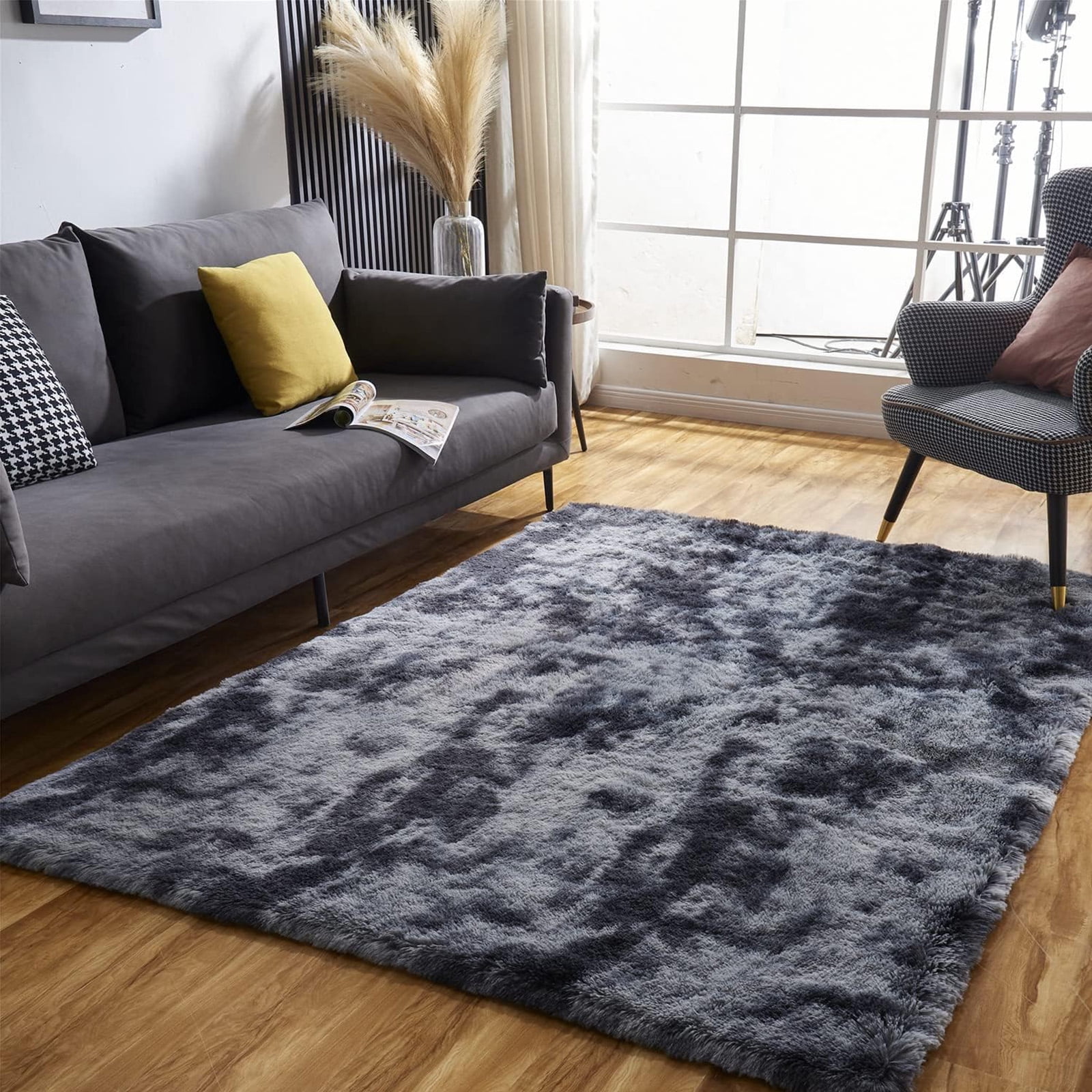 SUSUZI 5' x 7' Shaggy Area Rug, 2 Inch Thick Fluffy Plush Carpet with Non-Slip PVC Back,  Dark Gray Modern Soft Rug for Bedroom Living Room Kids Room