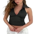 thumbnail image 3 of Women Summer Halterneck Tops V-neck Solid Color Backless Crop Tops, 3 of 8