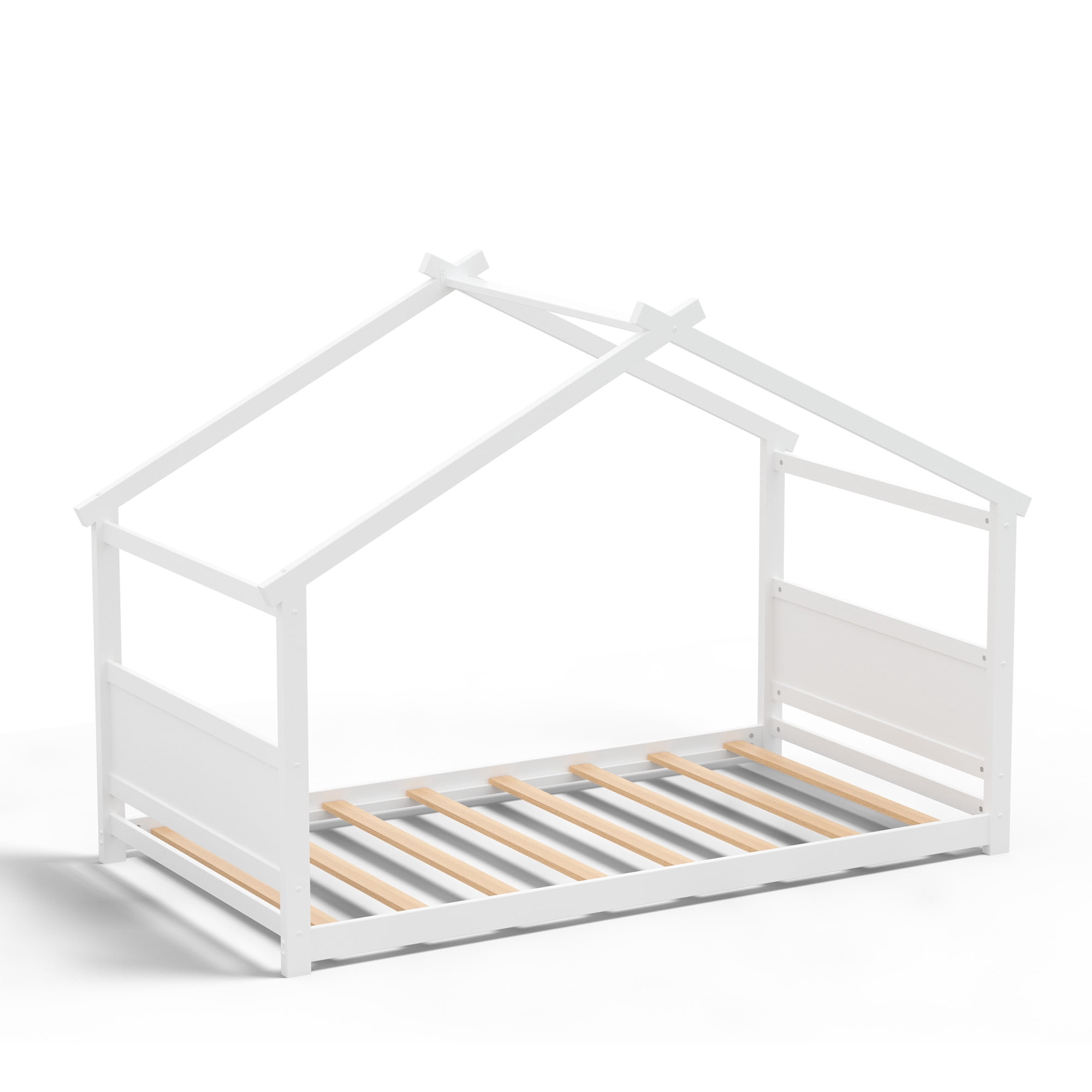 Joywind Twin Solid Wood House Floor Bed Frame with Safety Guardrails, Kids Bed for Boys Girls