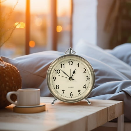 OUNONA Metal Alarm Clock Roman Numerals Table Bedside Silent Alarm Clock Sweep Seconds Alarm Clock