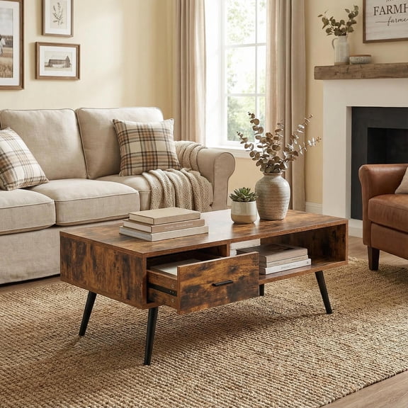 Topcobe Retro Rectangular Coffee Table with Drawer and Storage Shelf, Storage Coffee Tables for Living Room, Stylish Furniture Table, Brown