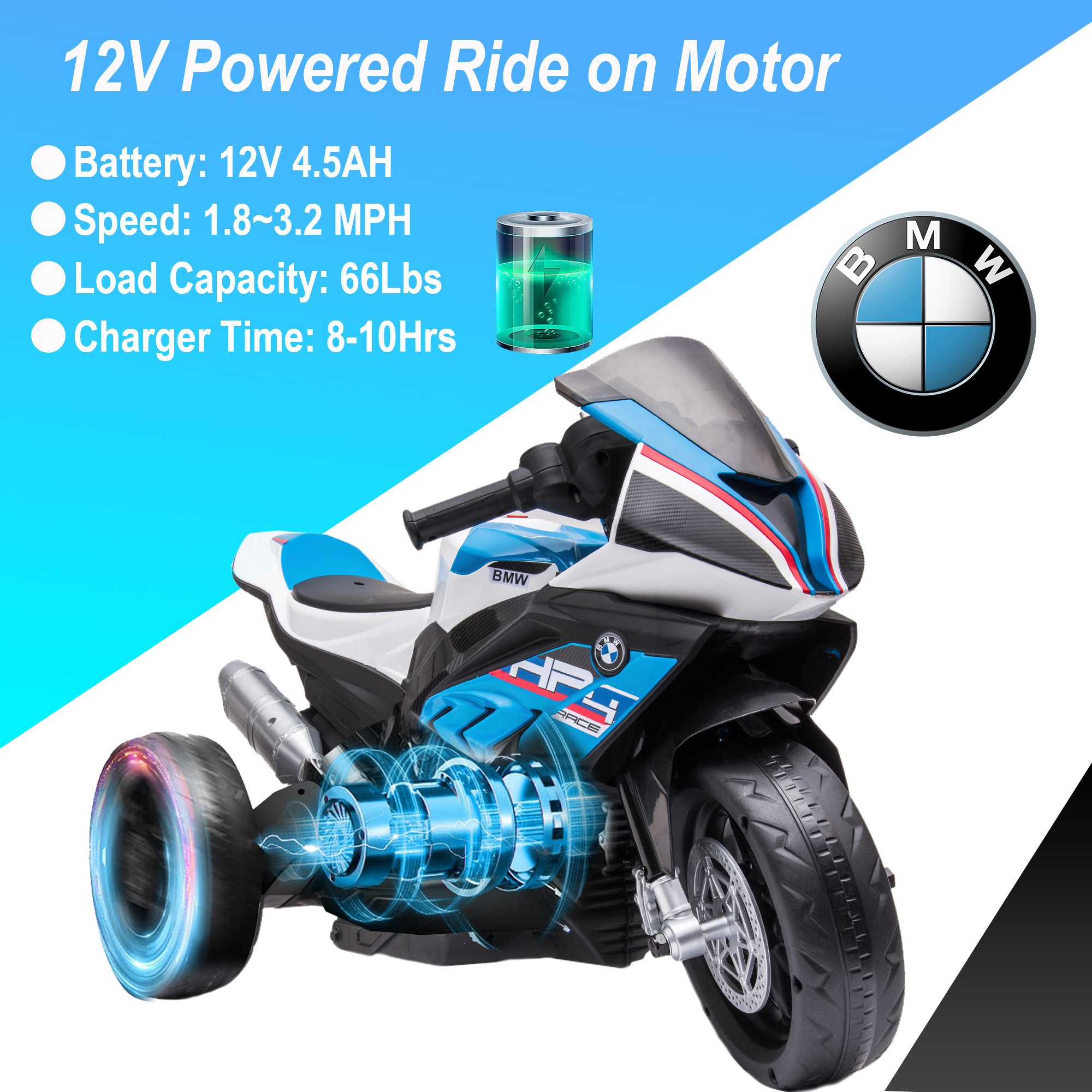 12V 2 Seater Kids Electric Motorcycle for 3-6 Years Old, Battery Powered Ride on Motorcycle Toy w/ Music and LED Light, Motorized Dirt Bike for Boys Girls, 3 Wheels, Blue