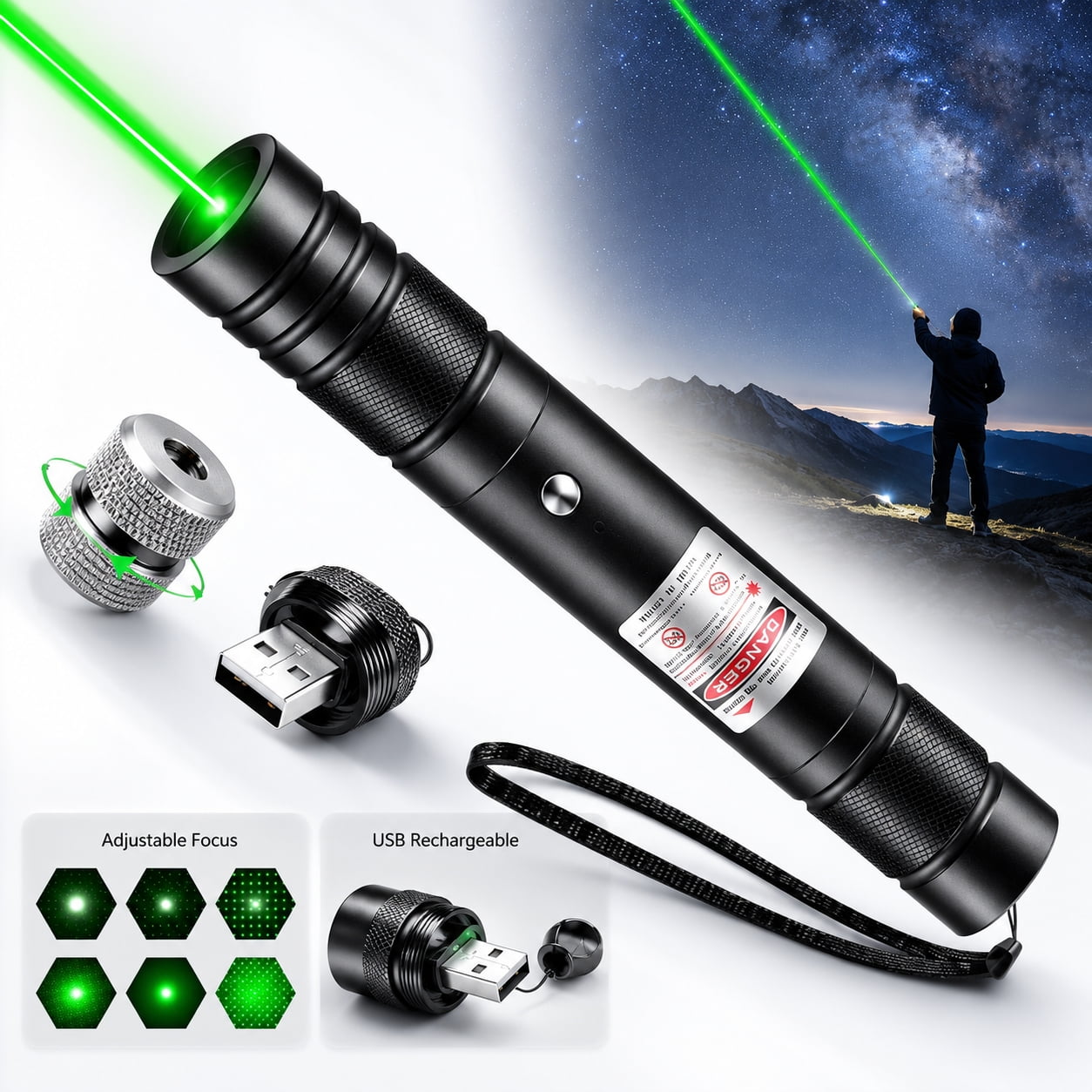 Laser Pointer, Flashlights 2000 Metres Green Long Range High Power Handheld Flashlight, Rechargeable Laser Pointer for USB, with Star Cap Adjustable Focus
