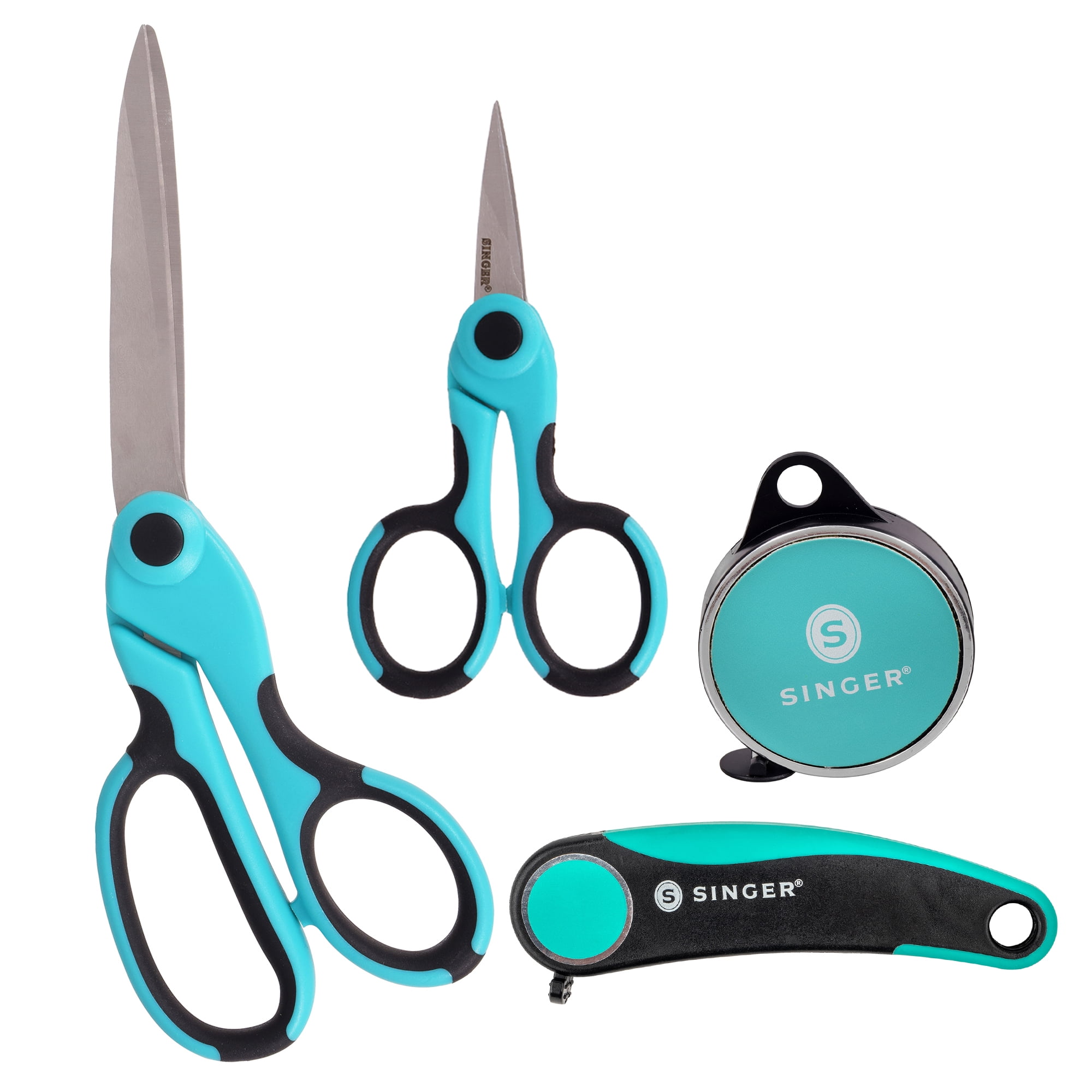 SINGER All Purpose 9.5” Heavy Duty Scissor, 4.5” Detail Scissor, Retractable Tape Measure, Folding Seam Ripper (4 PC Set)