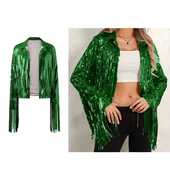 Women's Green Fringe Jacket Long Sleeve Casual Fringe Jacket Sequins Tops for Women