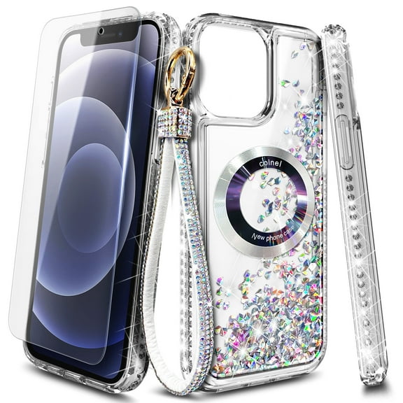 NageBee Designed for iPhone 11 Magnetic Case for MagSafe, Tempered Glass Screen Protector/Wrist Strap Lanyard, Glitter Floating Liquid Cute Case (Diamond)