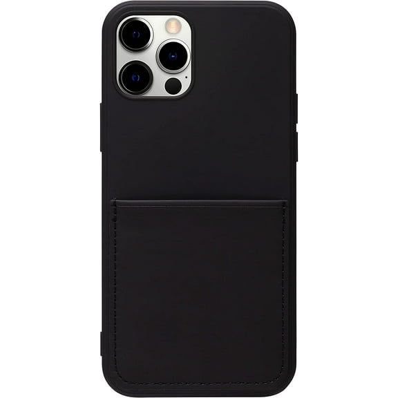 Black Felt Lined Silicone Phone Case With Stitched Front Pocket for iPhone 12 & 12 Pro   Tempered Glass Screen Protector